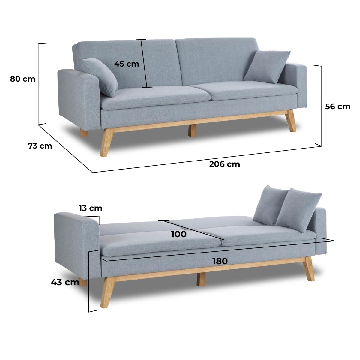 Schlafsofa 3-Sitzer mit Stoffbezug, Blau, Clic-Clac-System, 201x73x79 cm Sofa, 201x99x42 cm Bett, inkl. 2 Kissen ✅