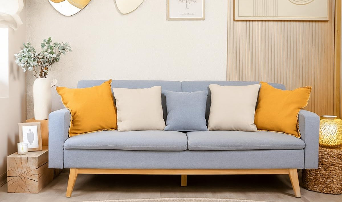 Schlafsofa 3-Sitzer mit Stoffbezug, Blau, Clic-Clac-System, 201x73x79 cm Sofa, 201x99x42 cm Bett, inkl. 2 Kissen ✅