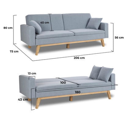 Schlafsofa 3-Sitzer mit Stoffbezug, Blau, Clic-Clac-System, 201x73x79 cm Sofa, 201x99x42 cm Bett, inkl. 2 Kissen ✅